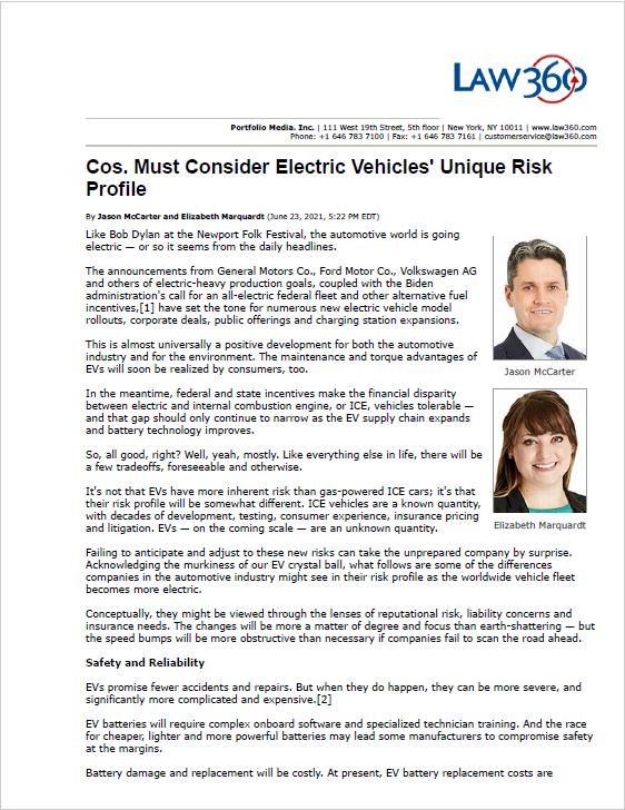 Law360 Article Electric Vehicle Unique Risk Profile McCarter Marquardt