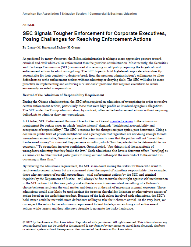 ABA Reprint Thumbnail SEC Signals Tougher Enforcement for Corporate Executives Posing Challengers for Resolving Enforcement Actions Lynsey Barron Zac Greene