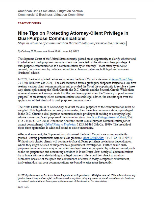 Thumbnail-ABA-NineTipsOnProtectingAttorney-ClientPrivlegeInMultiPurposeCommunications-Greene-Roth